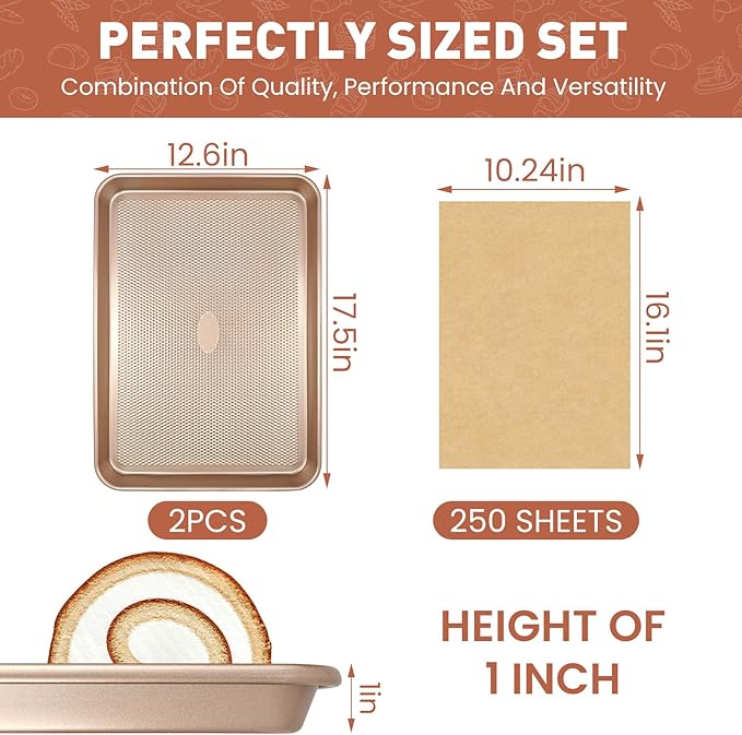 Baking pans Set, 2 Sheet Pans(17.5'' X 11.8'') and 250 unbleached Sheets of Parchment Paper, Thickened Nonstick Cookie Sheet for Baking, Carbon Steel Baking Pan