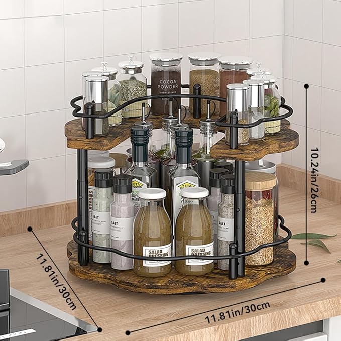 12" Wood Lazy Susan Rotating Spice Rack Spice Turntable Organizer for Kitchen Countertop Pantry and Cabinet Cupboard (B Style, 2 Tier)