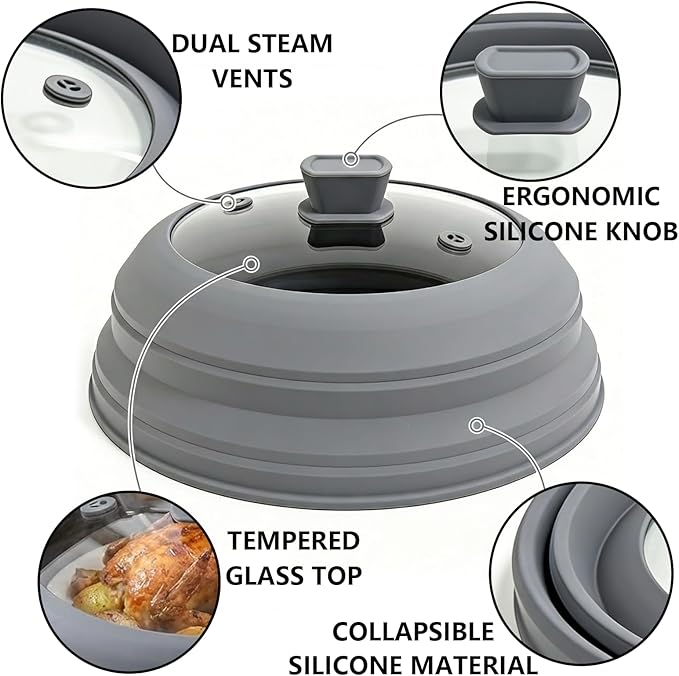 3 in 1 Microwave Splatter Glass Cover with Silicone Mat and Base Plate,BPA Free Collapsible Silicone Microwave Food Cover with Vent Hole and Anti-scald Silicone Handle,Dishwasher Safe (Small-Gray)
