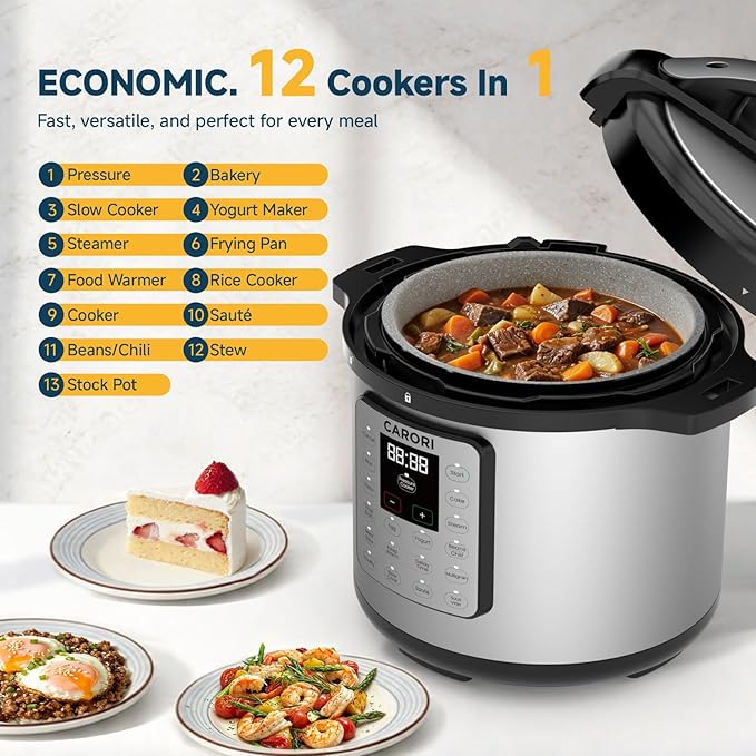 8Qt 12-in-1 Electric Pressure Cooker, 1200W Stainless Steel Multi-Cooker, Slow Cook, Rice Cook, Steamer, Sauté, Yogurt Maker, Warmer & Sterilizer, Safer Venting Design with Recipe Book, Silver