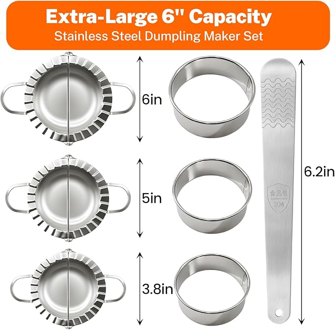 3-in-1 Stainless Steel Dumpling & Empanada Maker Set | Professional Press Mold with 3 Sizes (3.8", 5", 6") & Dough Cutters, Stuffing Scoop | Dishwasher Safe for Easy Clean