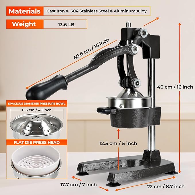 ROEDEER Heavy-Duty Manual Citrus Juicer – Cast Iron Orange Juicer Squeezer, Dual-Die Head, Manual Juicer, Citrus Squeezer, Lemon Juicer Manual & Pomegranate Juicer for Fresh Juice (Black)
