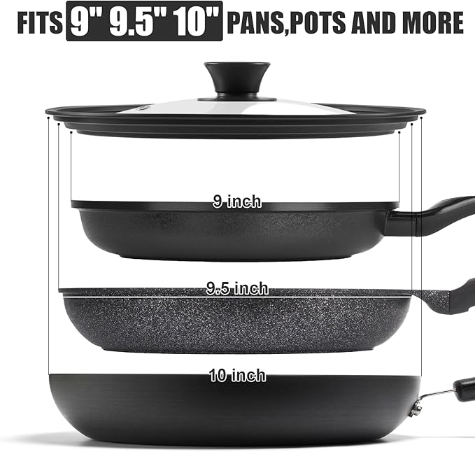 Universal Lid for Pots Pans and Skillets, Pan Cover Fit 9", 9.5",10" Diameter Cookware, Silicone Replacement Lids with Tempered Glass for Frying Pans, Cast Iron