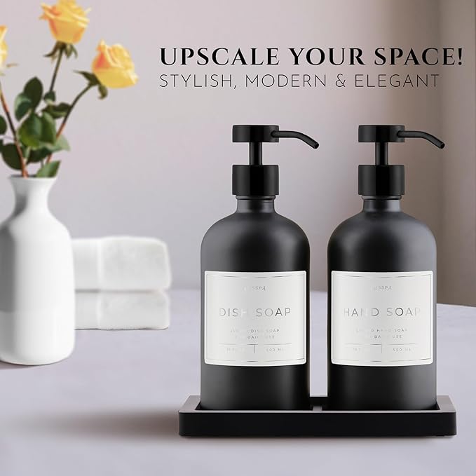 Glass Soap Dispenser Set of 2 (Black) with Silicone Tray | Hand and Dish Soap Dispenser for Kitchen and Bathroom | 16.8 Oz Glass Bottles with Stainless Steel Pump & 15 Waterproof Labels (Black)