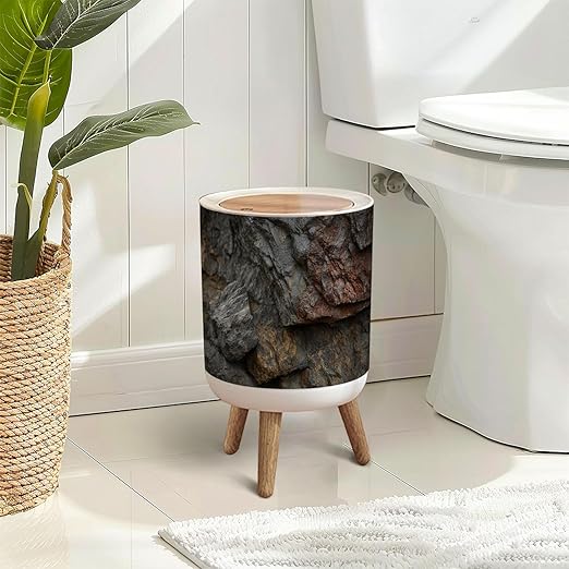 Trash Can with Lid Stone rock mountain cave granite basalt mineral surface texture Dark Press Top Round Small Garbage Bin with Wooden Legs Waste Basket for Kitchen Bedroom Nursery 7L/1.8 Gallon