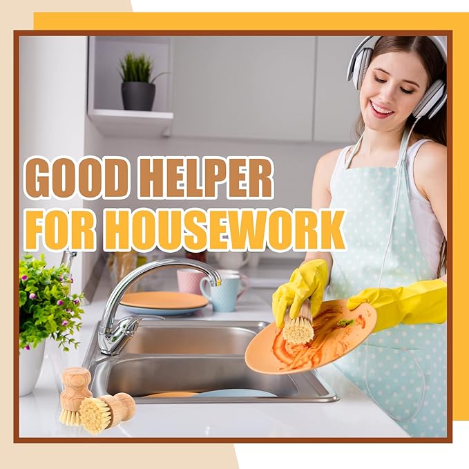 Nuenen 60 Packs Bamboo Dish Scrub Brushes Wooden Scrubbers Set Kitchen Dishwashing Scrubber with Natural Sisal Bristles for Iron Pot Pan Sink(Sisal)