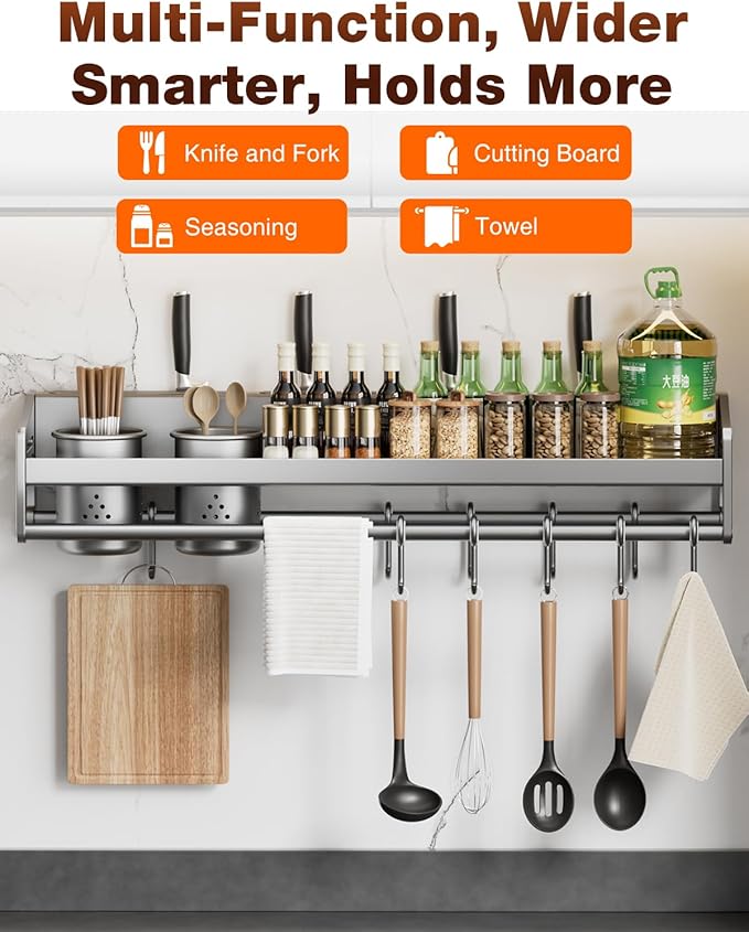 utensil hanger, wall mounted kitchen rail with hooks, waterproof hooks for kitchen utensils, easy installation without drilling (15.8 inches, Cups, 2)