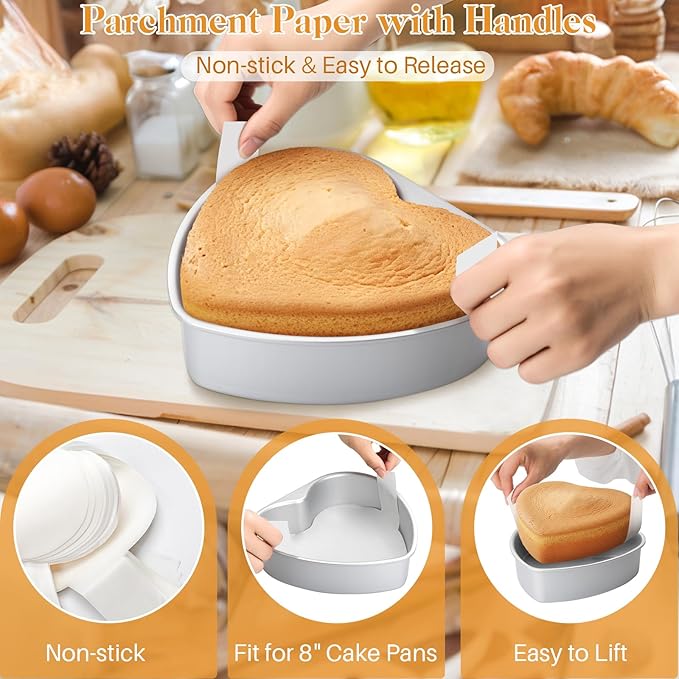 8 Inch Heart Shaped Cake Pan with 50 Pieces Parchment Paper,Non-stick Aluminum Heart Cake Pan Baking Tin for Birthday Wedding