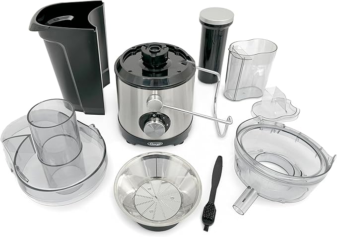 Omega Centrifugal Juicer with 3-Inch Wide Chute High Speed Extractor For Fruits and Vegetables, Features 2 Speeds Stainless Steel Filter and Large Pulp Container, 1000-Watts, Black