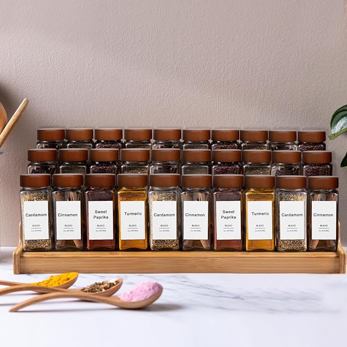 30 Pcs Spice Jars, 4oz Seasoning Containers with Acacia Wood Shaker Lids, Glass Spice Bottles with Labels, Square Seasoning Organizer, Kitchen Spice Container