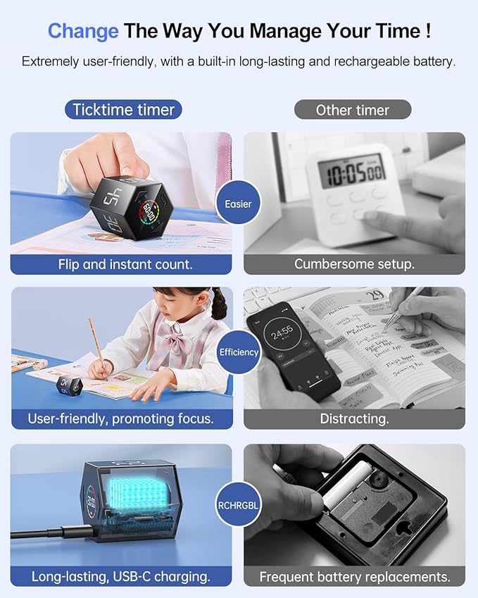 Ticktime Pomodoro Timer Cube, Hexagon Productivity Timer, Pause & Resume, Silent, Vibrate & Adjustable Sound Alert, for ADHD, Task, Work, Study, 5/15/25/30/45/60min & Custom Countdown,Gray