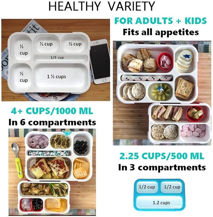 Bento Lunch Box and Snack Container Value Set| Meal Planning Portion Containers for Kids or Adults, School or Work | BPA Free | Microwave Safe | Utensils | 4 Pack, Large and Mini, Blue + Navy