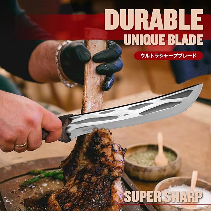 Huusk Slicing Knife for Meat Cutting, Hand Forged Brisket Knife with Sheath, High Carbon Trimming Butcher Knives, BBQ Carving Knives for Kitchen Outdoor Camping, Gift for Men and Women