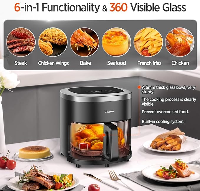 Vexon 4.5QT Air Fryer, 1200W Compact Hot Air Cooker with Visible Window, Nonstick Basket, Digital Touch Screen, Oil-Less Electric Air Fryer Oven for Healthy Cooking (Black)