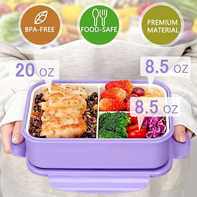 Bento Boxes for Adults - 1100 ML Bento Lunch Box Container For Kids With Spoon & Fork - Durable Perfect Size for On-the-Go Meal, BPA-Free and Food-Safe Materials(Purple)