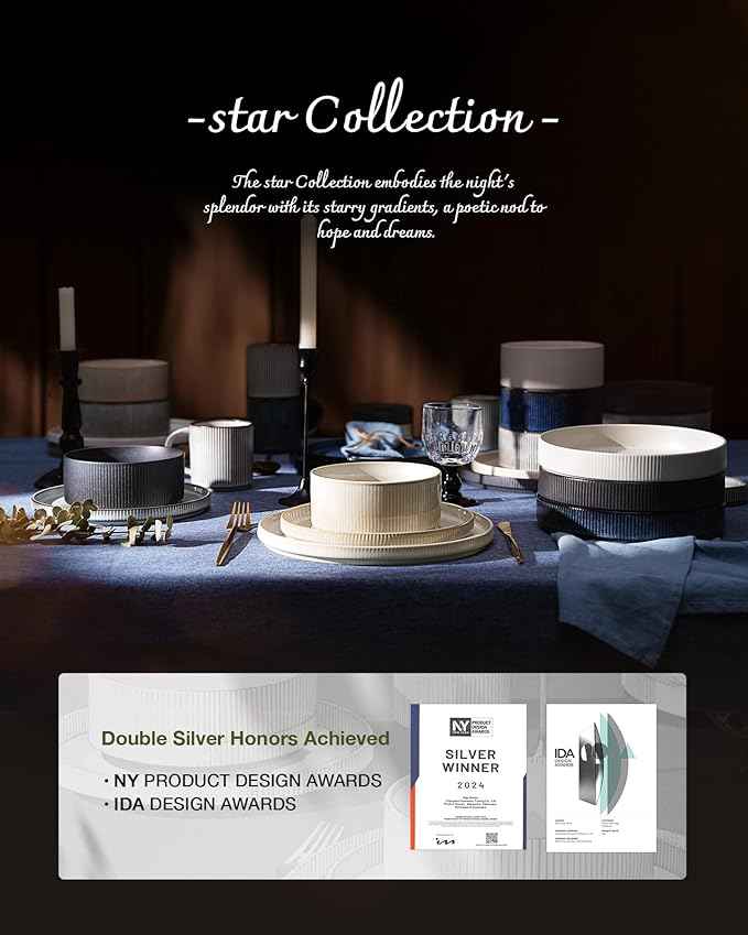 Famiware Star Dinnerware Set, Plates and Bowls Sets for 4 (12pcs), Ribbed Stoneware Dishes - Chip & Scratch Resistant, Microwave & Dishwasher Safe, Matte Gray