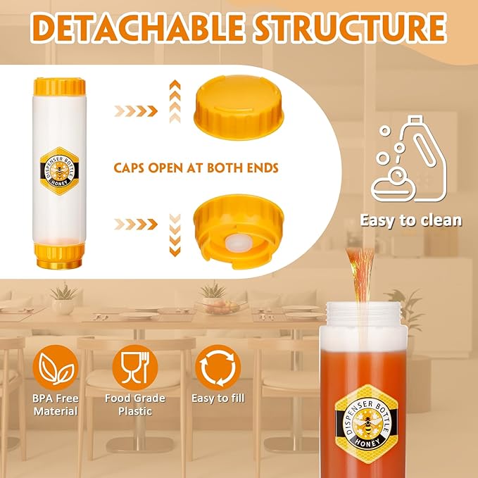 SiliFine 4 Pcs Honey Dispenser No-drip with Lid, Honey & Syrup Squeeze Bottle, Refillable Condiment Bottle Bpa-free, More Hygienic for Sauces Ketchup Kitchen Pancakes Salad Dressings (24 oz)