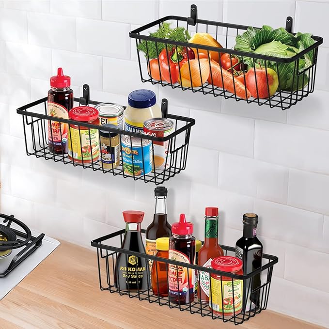 SheeChung Farmhouse Metal Wire Bin Basket with Wall Mount - Small, 4 Pack - Portable Hanging Wall Basket, Rustic Home Storage Organizer for Cabinets, Pantry, Closets, Bathroom, Kitchen,Bedroom(Black)