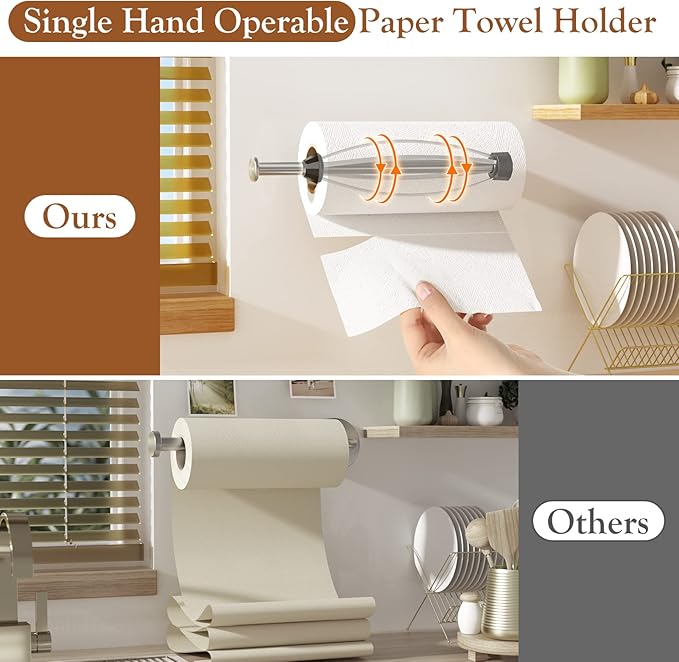 Paper Towel Holder Under Cabinet + Towel Robe Hooks, Single Hand Operable Under Cabinet Paper Towel Holder with Damping Effect Adhesive Wall Mount Paper Towel Rack for Bathroom Kitchen(Silver)