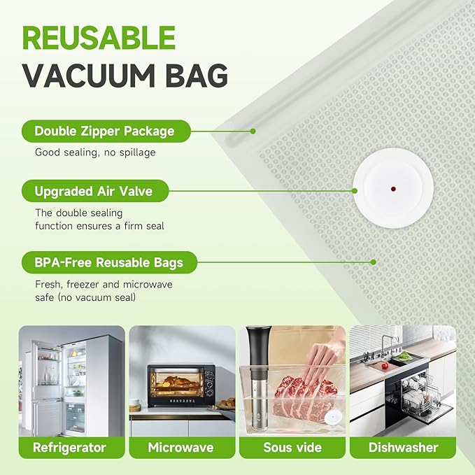 Vixino Vacuum Sealer Bags, 80 Reusable Vacuum Sealer Bags for Food, BPA-Free, Meal Prep and Sous Vide Cooking,Works for Handheld Sealer and Vac Sealer Machine with External Vacuum Systems