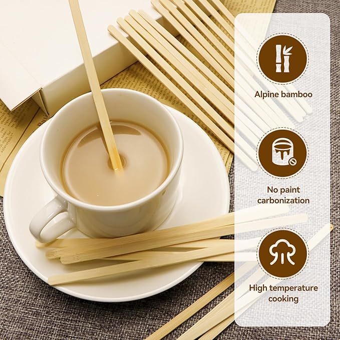 500 Count Bamboo Coffee Stirrer - Disposable 5.5 inches Long Wooden Stir Sticks for Coffee and Cocktails - Smooth, Splinter-Free Beverage Mixers - Ideal for Cafe, Bars and Drink Stations