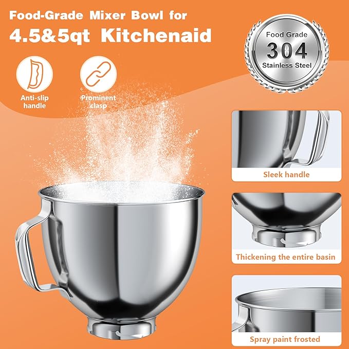 5 QT Food-Grade Stainless Steel Mixer Bowl Compatible With KITCHENAID TILT-HEAD STAND MIXERS 4.5-5 Quart, with Anti-slip handle & Prominent Clasp, Stainless Steel Polished