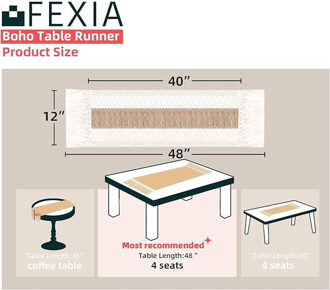FEXIA Boho Table Runner 48 Inches Long with Tassels Christmas Thanksgiving Farmhouse Home Decor Rustic Cream & Brown Macrame Table Runner for Dining Bedroom Baby Bridal Shower Decor(12x48 Inches)