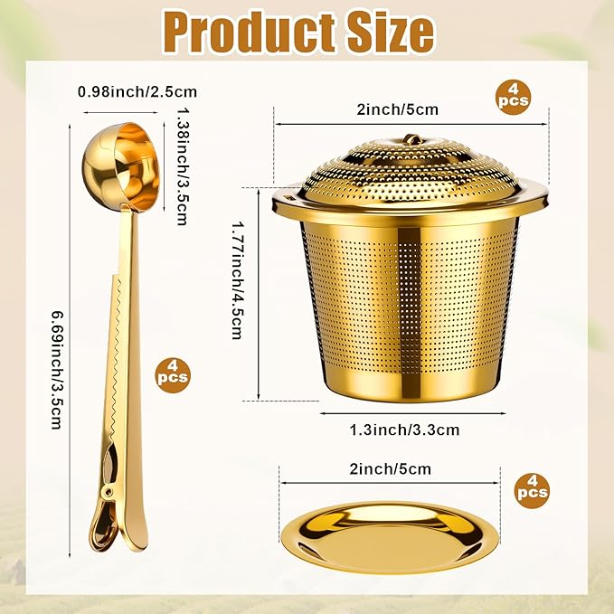 Umigy 4 Pcs Tea Infuser Strainers for Loose Tea with Scoop, Extra Fine Mesh Steeper 304 Stainless Steel Diffuser Leaf Holder with Extended Chain Hook for Brew, Spices, Seasoning, Gold