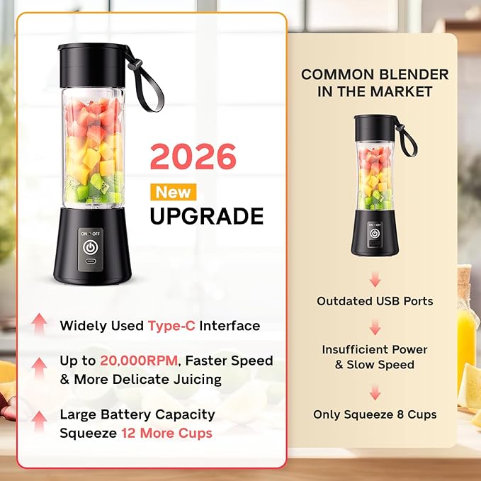 Portable Blender for Smoothies & Shakes - Cordless Personal Size Blender with 6 Blades, 380Ml Juice Cup, Lightweight & Rechargeable, Freshly Squeezed for Picnic/Sports/Office