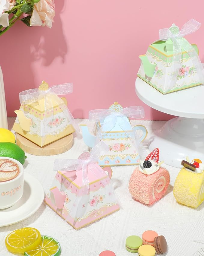 Liobelon 24 PCS Floral Tea Party Favor Gift Boxes Teapot Candy Boxes Vintage Flower Treat Boxes Mini Teapot Favor Boxes with Ribbon for Tea Garden Wedding Bridal Birthday Baby Shower Party Supplies