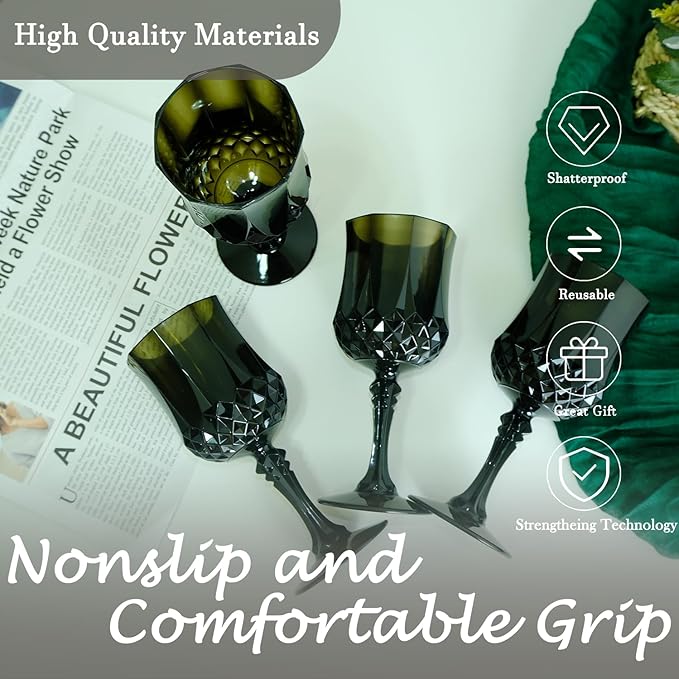 Plastic Wine Glasses, Plastic Goblets Vintage Style Cordial Unbreakable Drinking Glasses, Reusable Drinkware for Wedding Reception, Grand Event Party Supplies (24, Black)