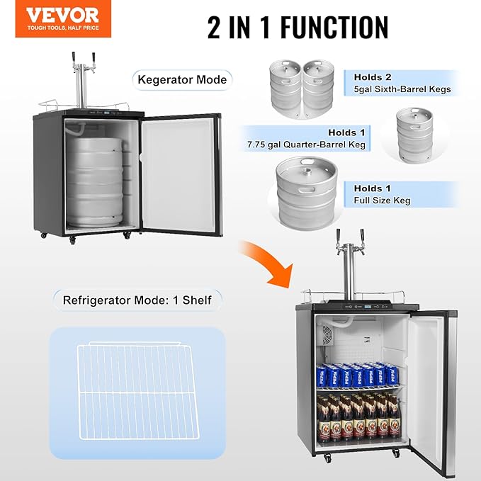 VEVOR Beer Kegerator, Dual Tap Draft Beer Dispenser, Full Size Keg Refrigerator With Shelf, CO2 Tank(No Gas), Drip Tray & Rail, 23°F- 82.4°F Temperature Control, 162L, Silver