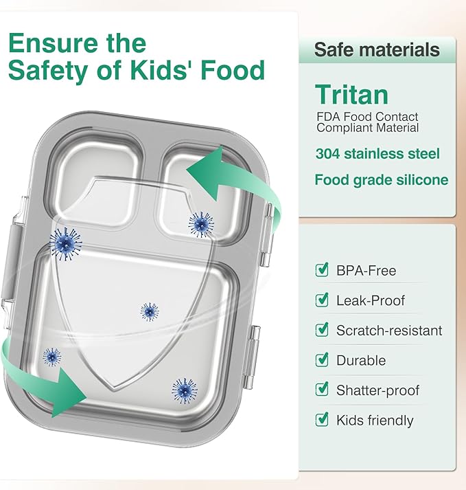 HOMEKOL Stainless Steel Bento Lunch Box, 3-Compartment Leak-Proof Lunch Container for Kids & Adults, BPA/BPS-Free 304 Metal Food Box, Dishwasher Safe, Clear Tritan Lid, Grey (Not Insulated)