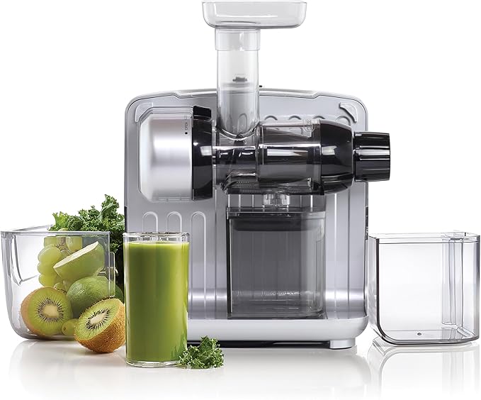 Omega Juicer Cold Press 365 Slow Masticating Vegetable and Fruit Juice Extractor and Nutrition System Makes Nut Milks Baby Food and Sorbets, 80-RPM Slow Juicer with On-Board Storage, 200-Watts, Silver