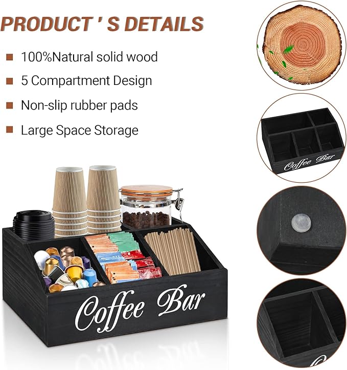 ugiftt Coffee Station Organizer for Counter, Wood Coffee Pods Holder Storage Basket, Tea Condiment Storage Organizer, Rustic Coffee Bar Decor for Coffee Accessories Organizer