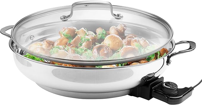 XL Electric 16" Skillet By CucinaPro- 18/10 Stainless Steel Frying Pan with Tempered Glass Lid and Handle, Round with Adjustable Temperature Control Probe, Portable, Includes Recipe Guide, Great Gift