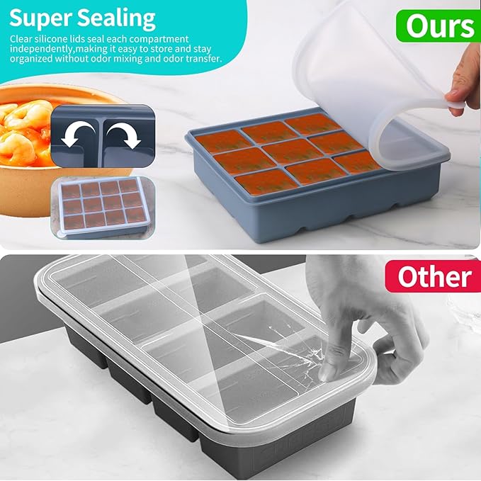 1/2 Cup Silicone Freezer Tray With Lid - Silicone Freezer Molds 2-Pack For meal prep & freezing of various sauces and other dishes, makes 24 perfect 1/2 cup portions cubes (Blue 2 Pack)