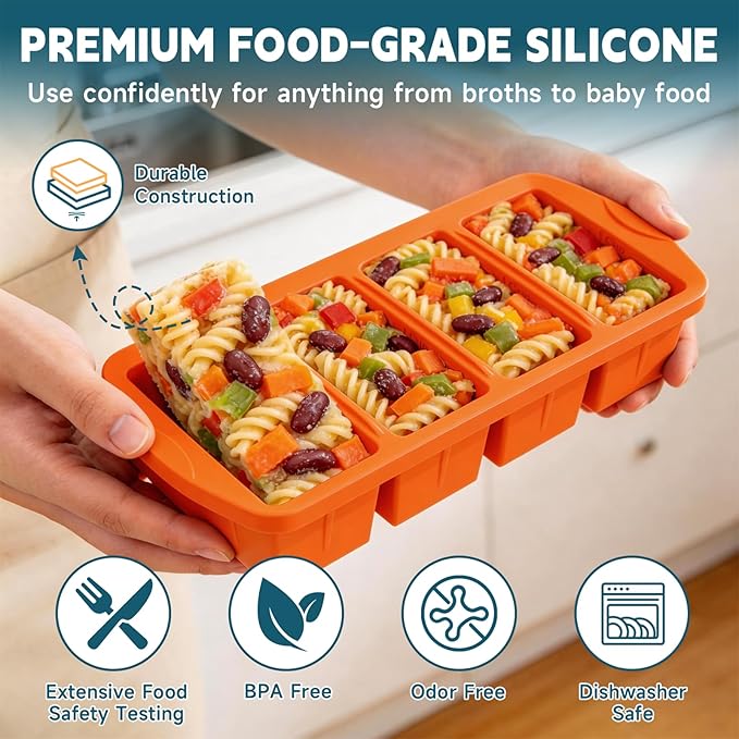 4 Pack Silicone Freezer Trays with Lid - Multi-Size 1-Cup & 2-Cup Portions, Food-Grade Silicone Freezer Molds for Soup & Meal Prep - Large Freezer Storage Containers, Oven & Dishwasher Safe - Orange