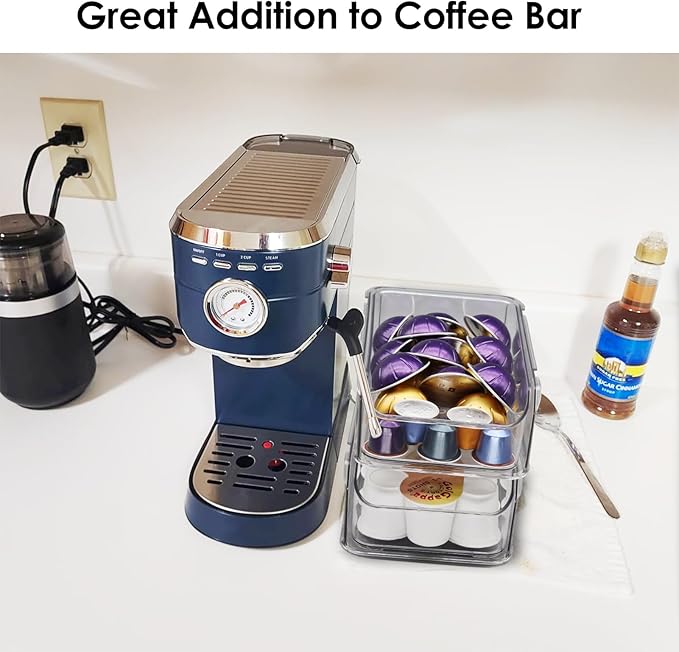 Clear Coffee Pod Holder for Counter, Transparent Coffee Pod Drawer for K Cups, Coffee Pod Storage Organizer Compatible with Nespresso Vertuo 76 Large or 104 Small Pods & Keurig Pods, 4 Tiers