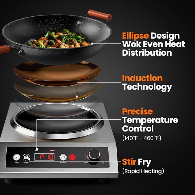 1800W Induction Wok,Stainless Steel Electric Wok Used For Home And Commercial,Temp From 140°F to 460°F,Concave Surface Dual Control 10 Power 24H Timer,14-inch Cast Iron Wok Included