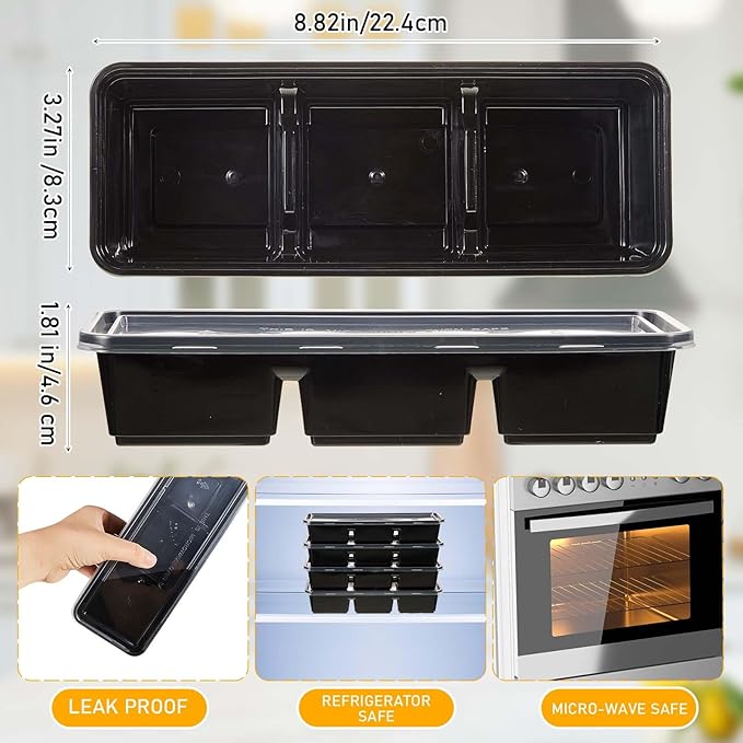 Hushee 25 Pack 17 oz Small Meal Prep Containers with 3 Compartments Snack Containers with Lid Disposable Plastic Bento Box Travel Lunch Food Boxes Stackable for Office Picnic (Black)