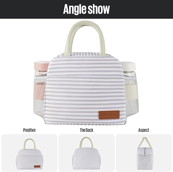 douyadady Lunch Bag Women/Men Lunch Box Women/Men (Grey+White Stripes)