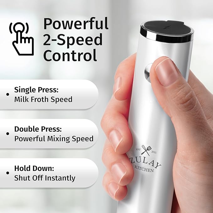 Zulay Kitchen Rechargeable Milk Frother Handheld Lux - Powerful 2-Speed Motor, Waterproof, 2000mAh Battery - Drink Mixer for Latte, Cappuccino, Matcha & Protein Powder - Snow White