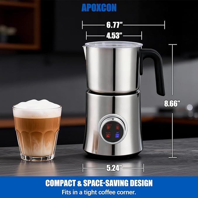APOXCON Electric Milk Frother and Steamer, 4-in-1 Hot & Cold Foam Maker for Coffee 17oz Stainless Steel Frother Machine with LED Display Rotary Knob Milk Warmer Hot Chocolate Maker Dishwasher Safe