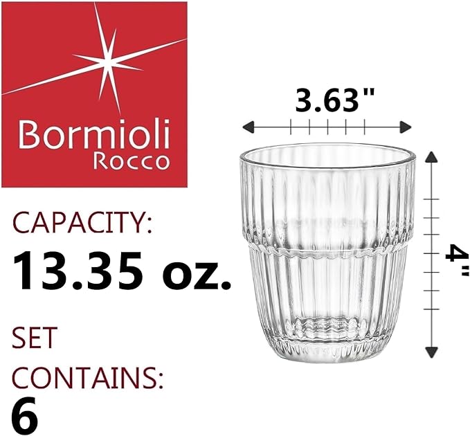 Bormioli Rocco Barshine 13.35 oz. Double Old Fashioned DOF Stackable Tempered Drinking Glasses, Set of 6, Clear