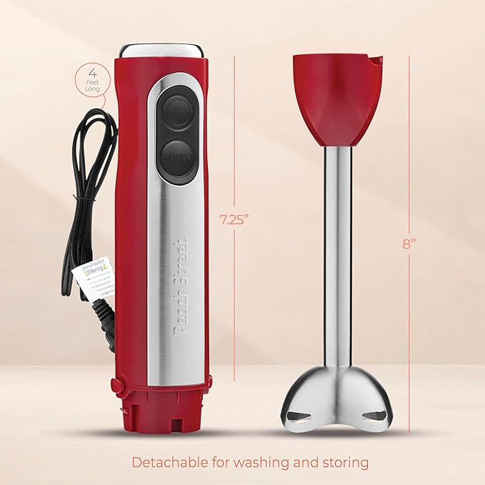 Powerful Immersion Blender, Electric Hand Blender 500 Watt with Turbo Mode, Detachable Base. Handheld Kitchen Blender Stick for Soup, Smoothie, Puree, Baby Food, 304 Stainless Steel Blades (Red)