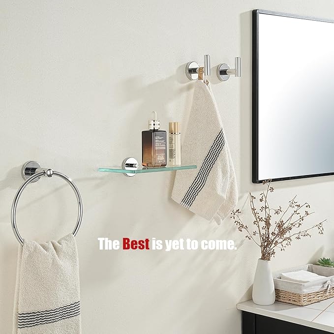 JQK Bathroom Glass Shelf Chrome, Tempered Glass Shower Storage 8 by 5 inches, 304 Stainless Steel Polished Chrome Wall Mount 2 Pack, TGS101L8-CH-P2