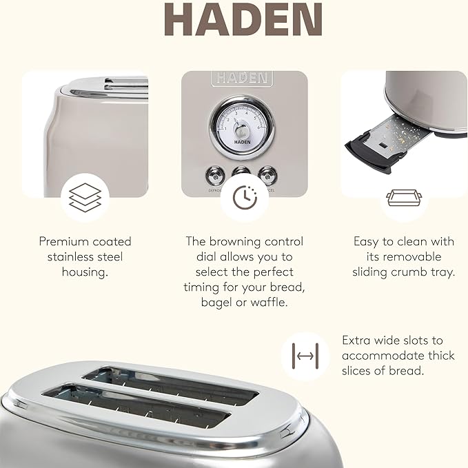Haden Dorset 2 Slice Wide Slot Stainless Steel Toaster Bundled with 1.7 Liter Stainless Steel Electric Kettle with 360-Degree Base, Putty & Chrome