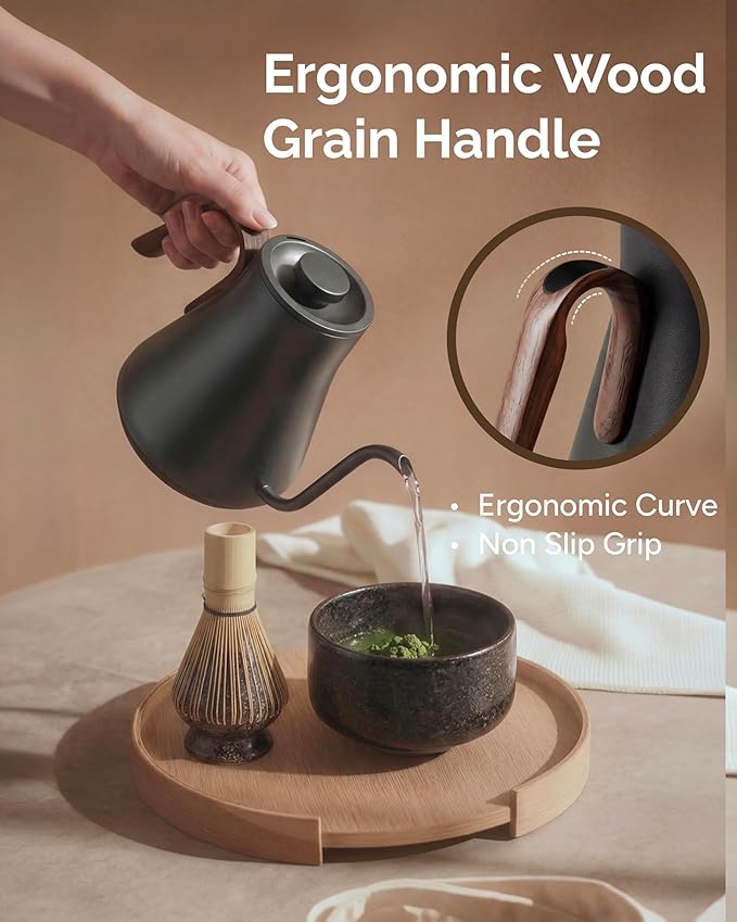 INTASTING Gooseneck Electric Kettle with Precise ±1℉ Temperature Control, Wood-Accented Handle, Stainless Steel Interior, Quick Heating Pour Over Kettle for Coffee & Tea, 0.9L, Matte Grey