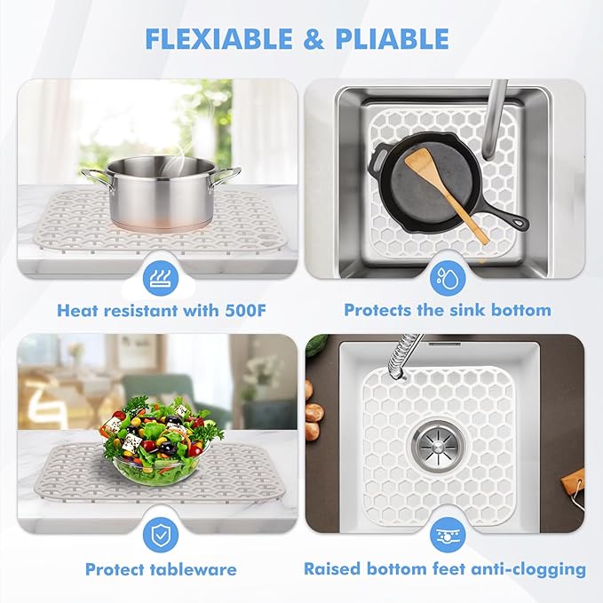 Bestjing Silicone Sink Protectors for Kitchen Sink - 12" x 11" Kitchen Grid Accessory, Non-Slip Heat-Resistant Mat for Bottom of Porcelain Stainless Steel, Dishwasher Safe (White)